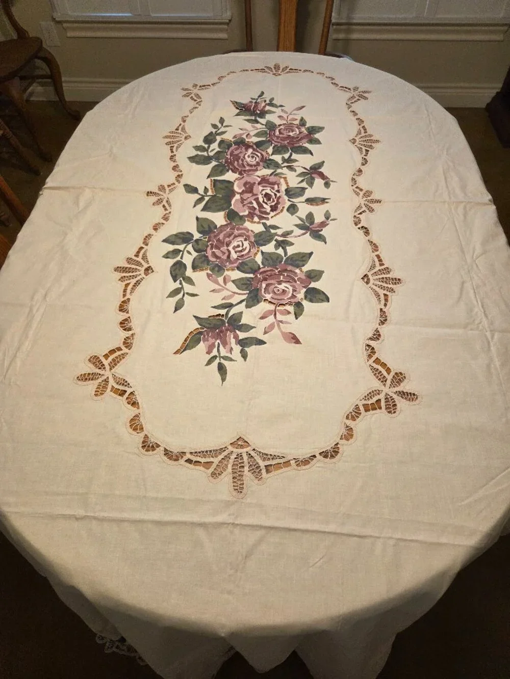 Battenburg Lace Hand Painted Rose Tablecloth 68x120 Ecru Beige with Cutouts, NWT